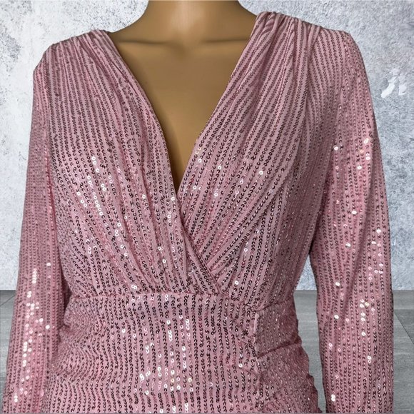 Sequin Ruched Mini Dress Small S Pink Lined Plunging Deep Neckline Long Sleeves - Picture 10 of 16